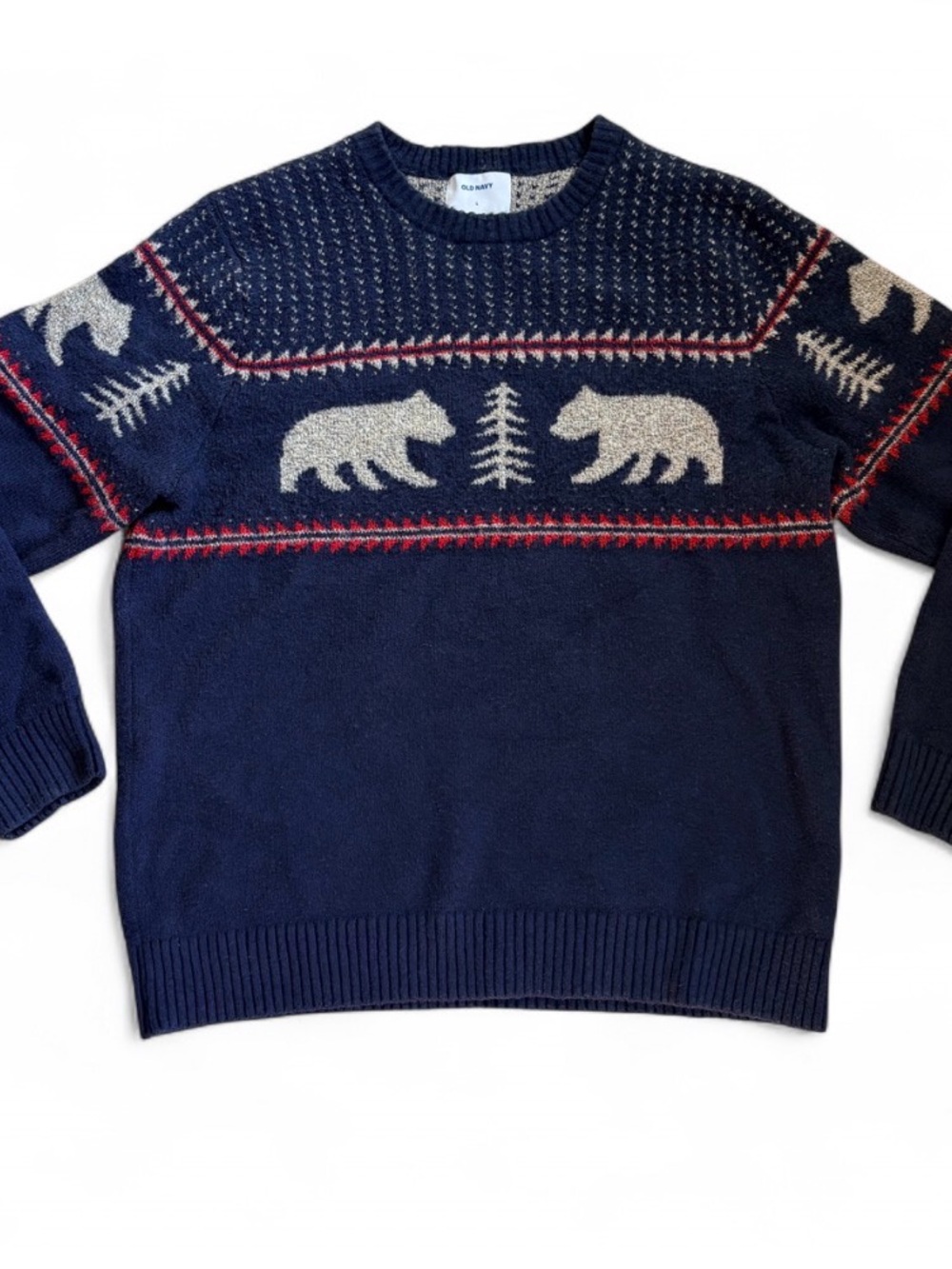 Old Navy Men's Navy Crewneck Sweater with Beige Bear Fair Isle Motif